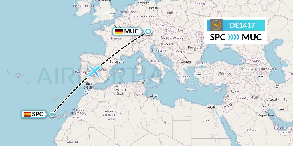 DE1417 Condor Flight Map: La Palma to Munich
