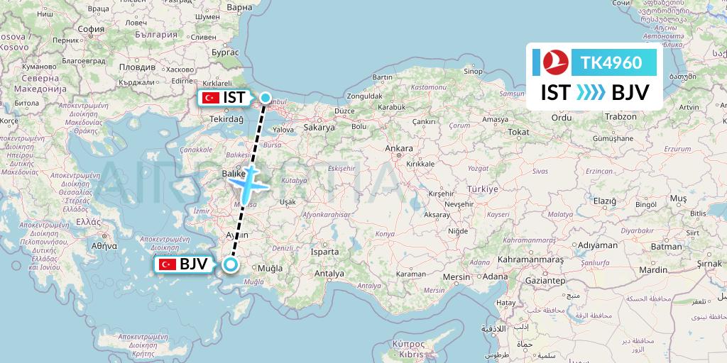 TK4960 Turkish Airlines Flight Map: Istanbul to Bodrum