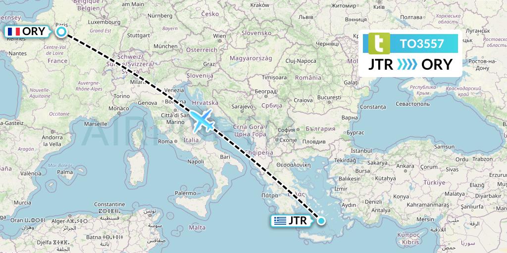 TO3557 Transavia France Flight Map: Santorini to Paris