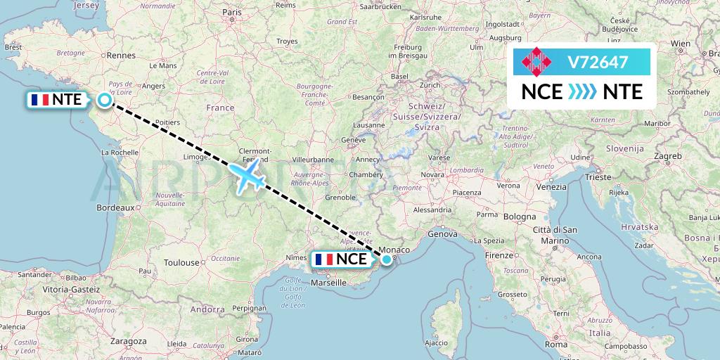 V72647 Volotea Flight Map: Nice to Nantes