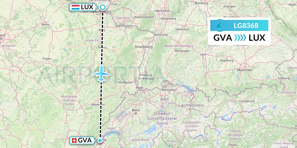LG8368 Luxair Flight Map: Geneva to Luxembourg