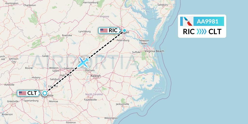 AA9981 American Airlines Flight Map: Richmond to Charlotte