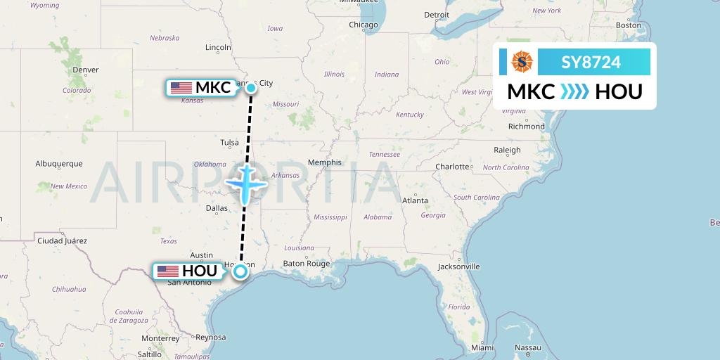 SY8724 Sun Country Airlines Flight Map: Kansas City to Houston