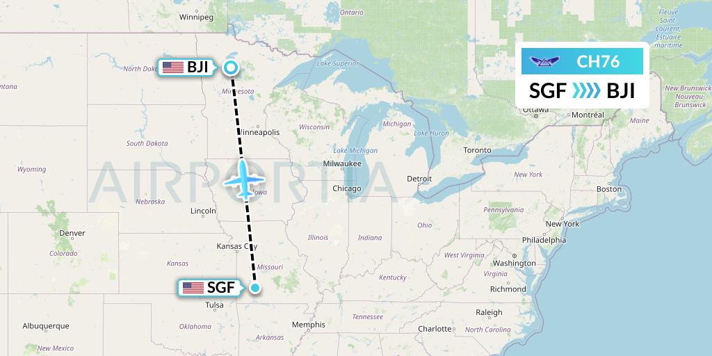 CH76 Bemidji Airlines Flight Map: Springfield to Bemidji