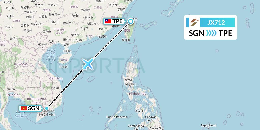JX712 Starlux Airlines Flight Map: Ho Chi Minh City to Taipei