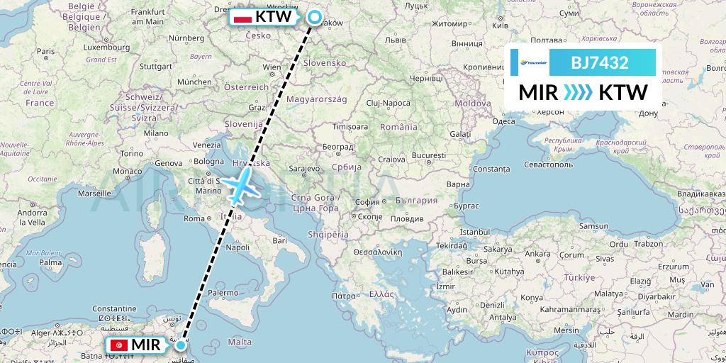 BJ7432 Nouvelair Tunisie Flight Map: Monastir to Katowice