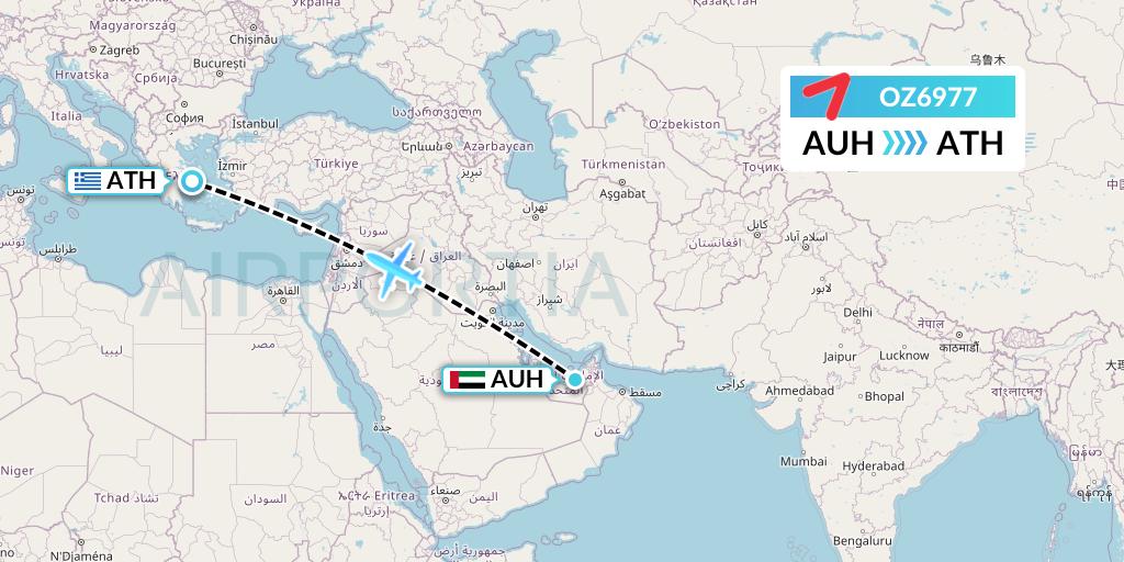 OZ6977 Asiana Airlines Flight Map: Abu Dhabi to Athens