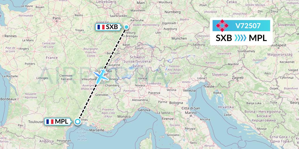 V72507 Volotea Flight Map: Strasbourg to Montpellier