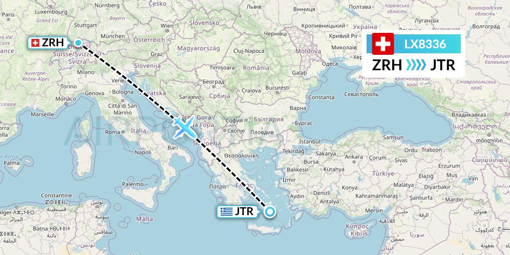 LX8336 Swiss Flight Map: Zurich to Santorini