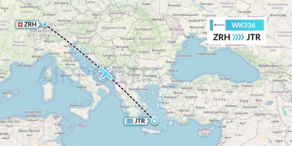 WK336 Edelweiss Air Flight Map: Zurich to Santorini