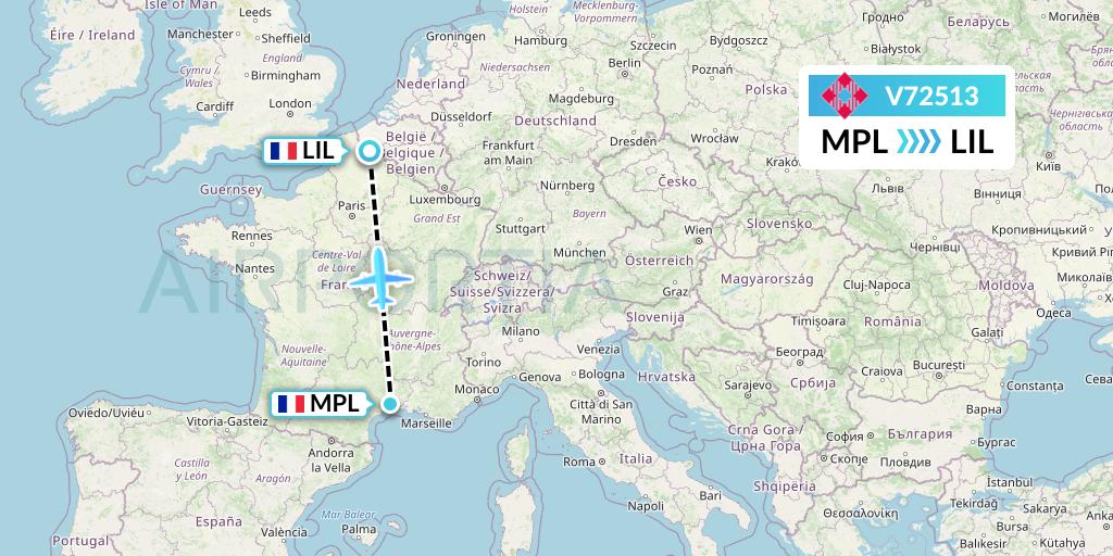 V72513 Volotea Flight Map: Montpellier to Lille