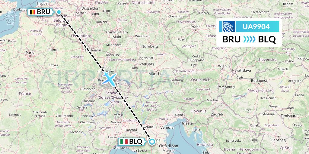 UA9904 United Airlines Flight Map: Brussels to Bologna