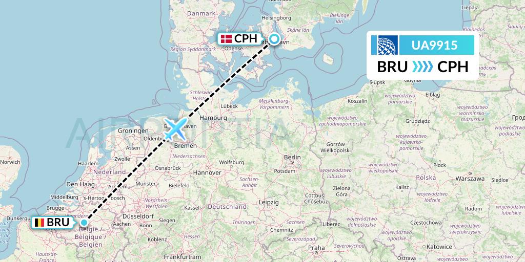 UA9915 United Airlines Flight Map: Brussels to Copenhagen