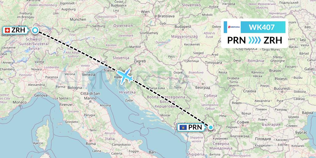 WK407 Edelweiss Air Flight Map: Pristina to Zurich