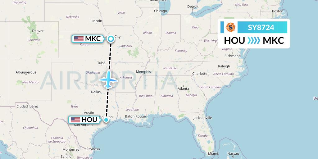 SY8724 Sun Country Airlines Flight Map: Houston to Kansas City