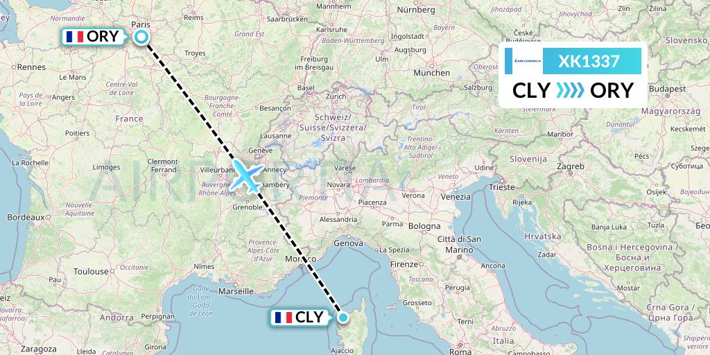 XK1337 Air Corsica Flight Map: Calvi to Paris