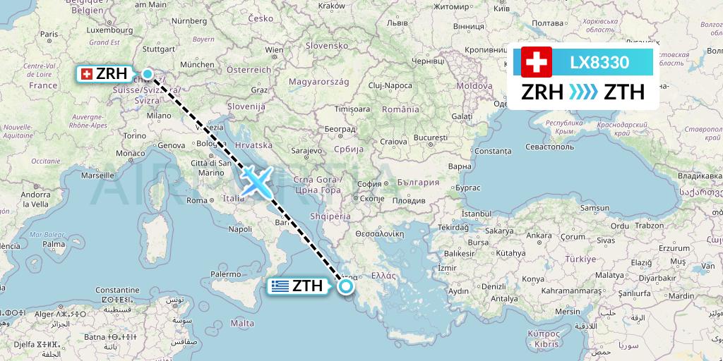 LX8330 Swiss Flight Map: Zurich to Zakynthos