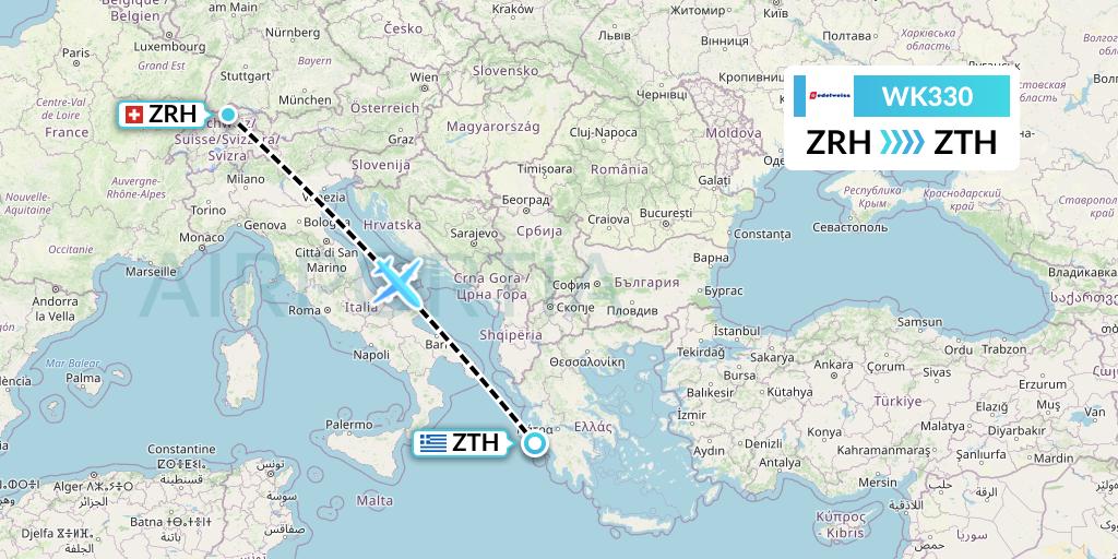 WK330 Edelweiss Air Flight Map: Zurich to Zakynthos
