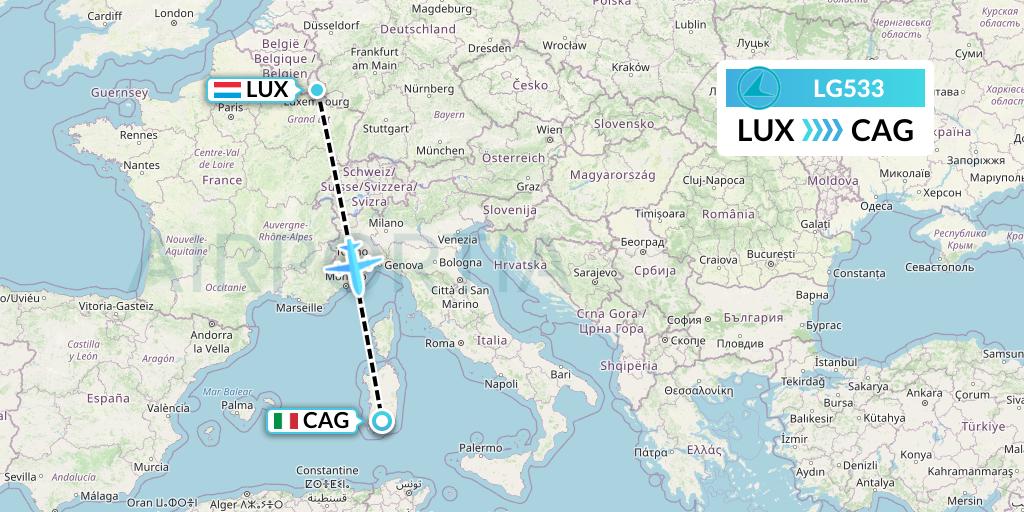 LG533 Luxair Flight Map: Luxembourg to Cagliari