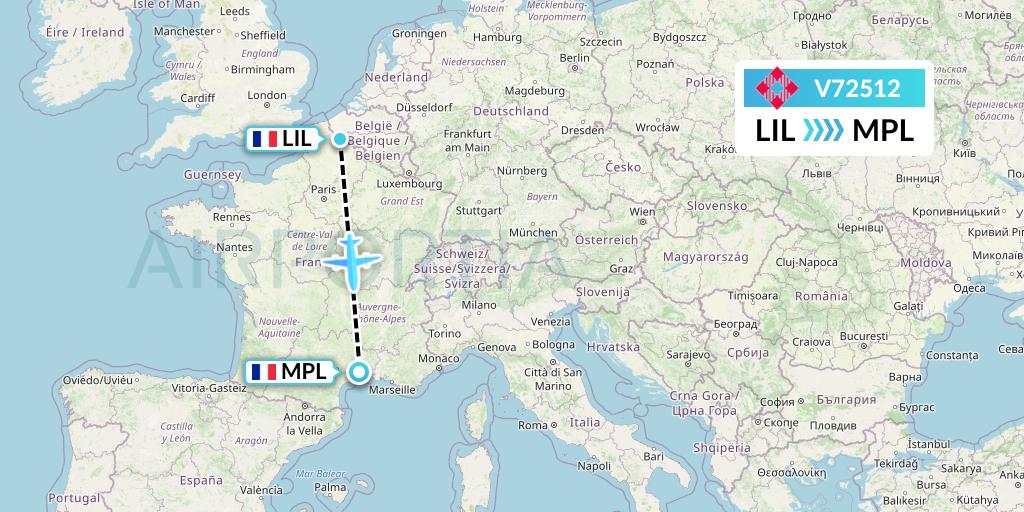 V72512 Volotea Flight Map: Lille to Montpellier
