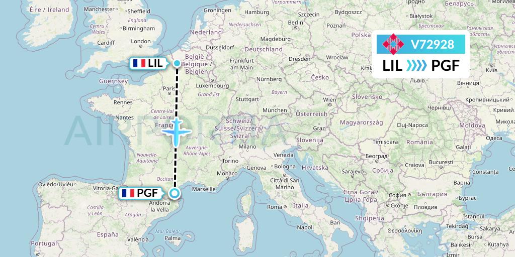 V72928 Volotea Flight Map: Lille to Perpignan