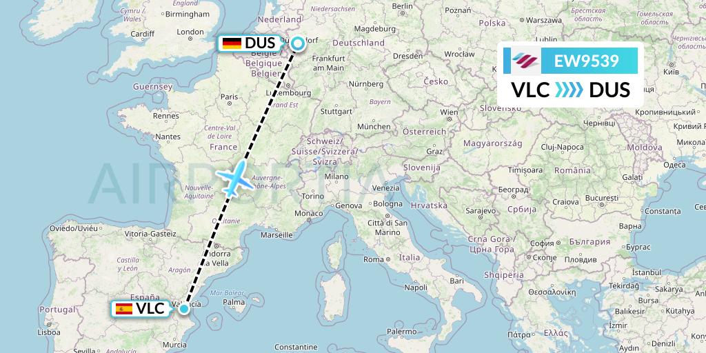 EW9539 Eurowings Flight Map: Valencia to Dusseldorf