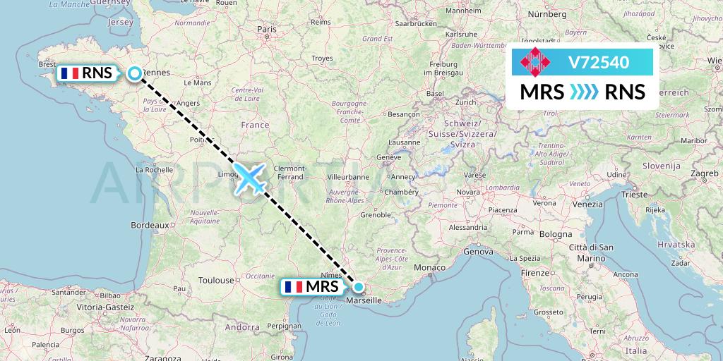 V72540 Volotea Flight Map: Marseille to Rennes