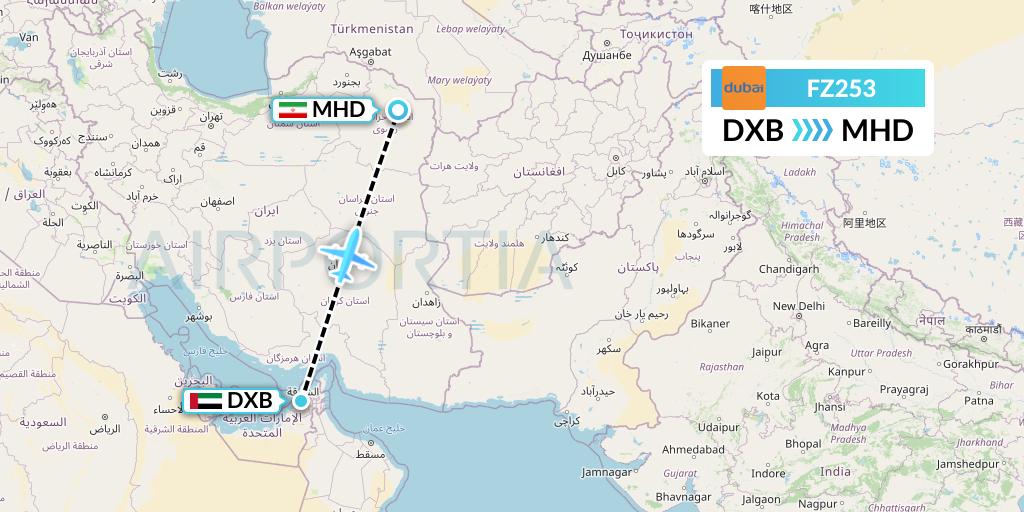 FZ253 FlyDubai Flight Map: Dubai to Mashhad