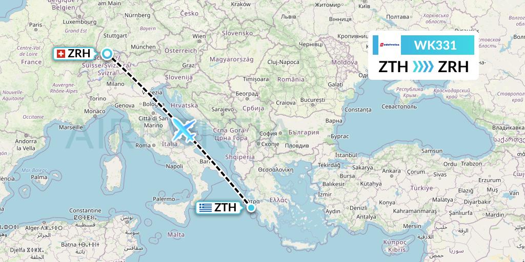 WK331 Edelweiss Air Flight Map: Zakynthos to Zurich