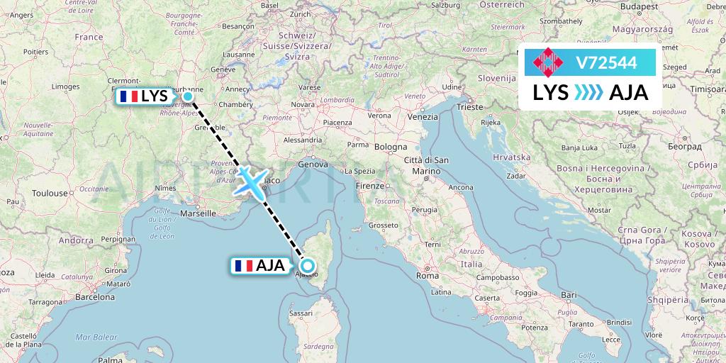 V72544 Volotea Flight Map: Lyon to Ajaccio