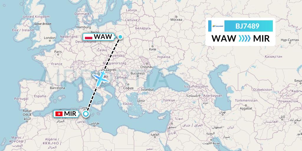 BJ7489 Nouvelair Tunisie Flight Map: Warsaw to Monastir