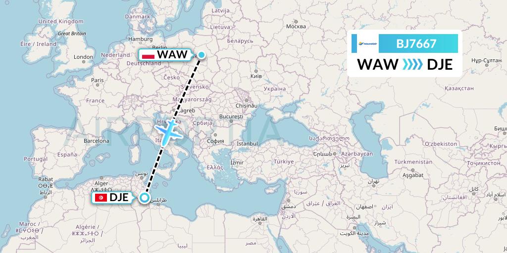 BJ7667 Nouvelair Tunisie Flight Map: Warsaw to Djerba