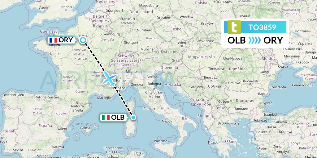TO3859 Transavia France Flight Map: Olbia to Paris