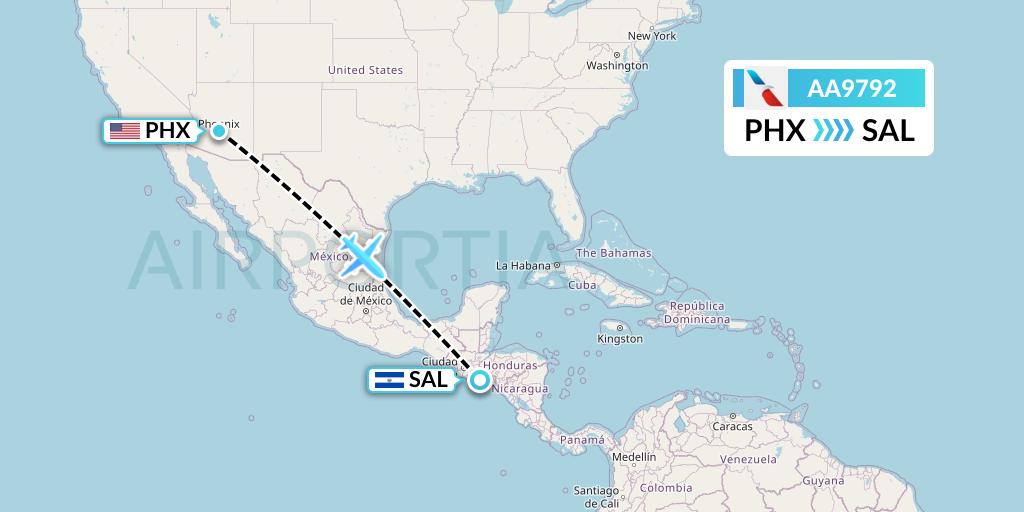 AA9792 American Airlines Flight Map: Phoenix to San Salvador