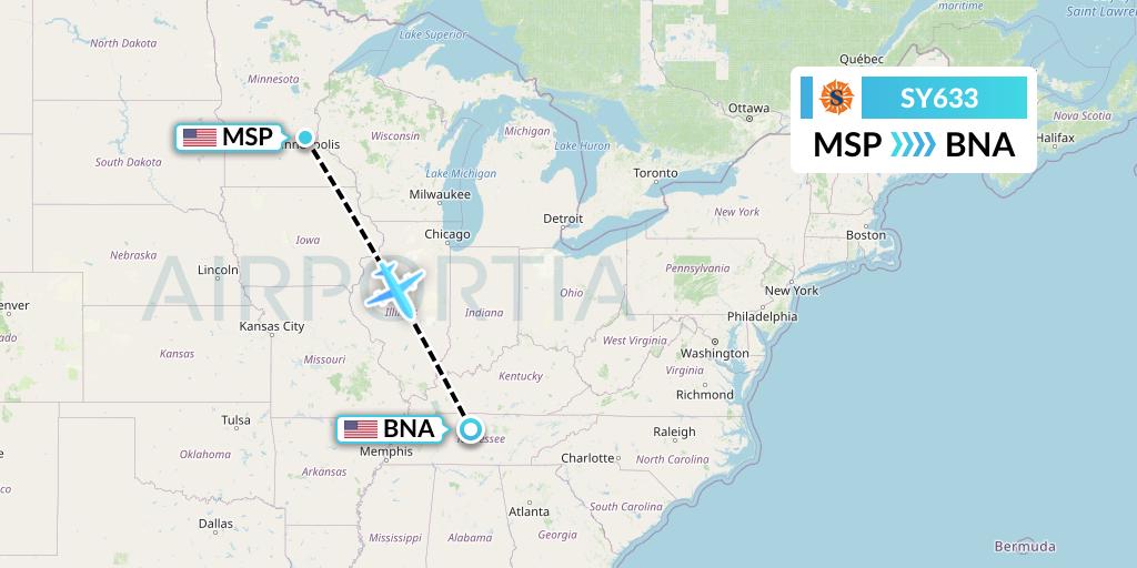 SY633 Sun Country Airlines Flight Map: Minneapolis to Nashville