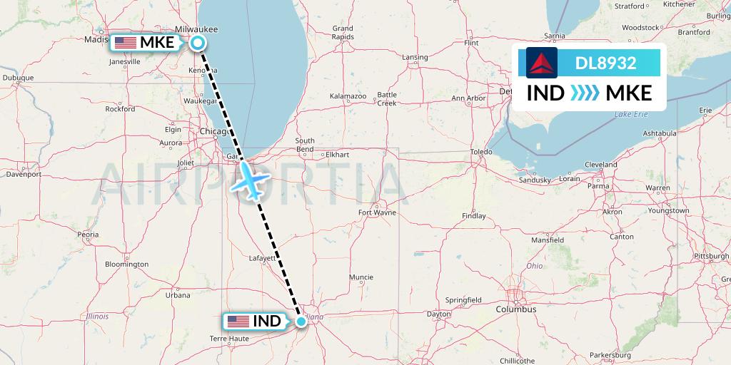 DL8932 Delta Air Lines Flight Map: Indianapolis to Milwaukee