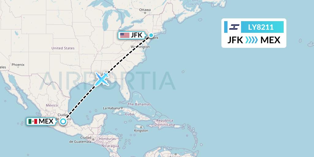 LY8211 El Al Flight Map: New York to Mexico City