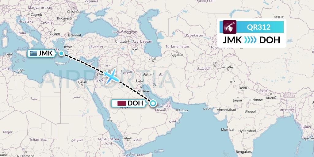 QR312 Qatar Airways Flight Map: Mykonos to Doha