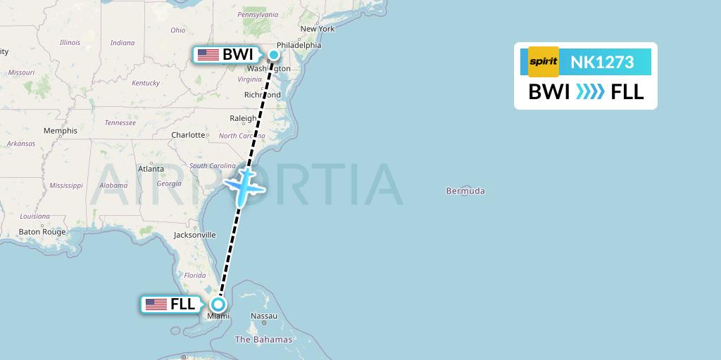 NK1273 Spirit Airlines Flight Map: Baltimore to Fort Lauderdale