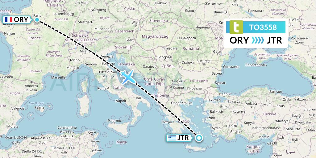 TO3558 Transavia France Flight Map: Paris to Santorini