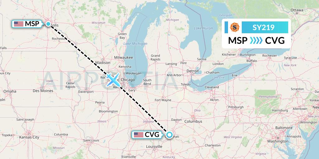 SY219 Sun Country Airlines Flight Map: Minneapolis to Cincinnati