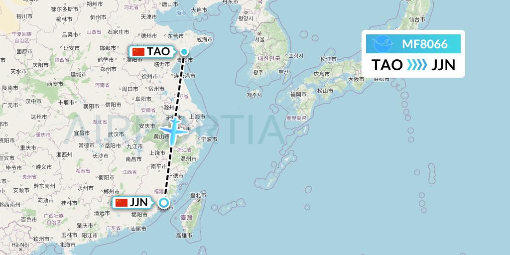 MF8066 Xiamen Airlines Flight Map: Qingdao to Jinjiang