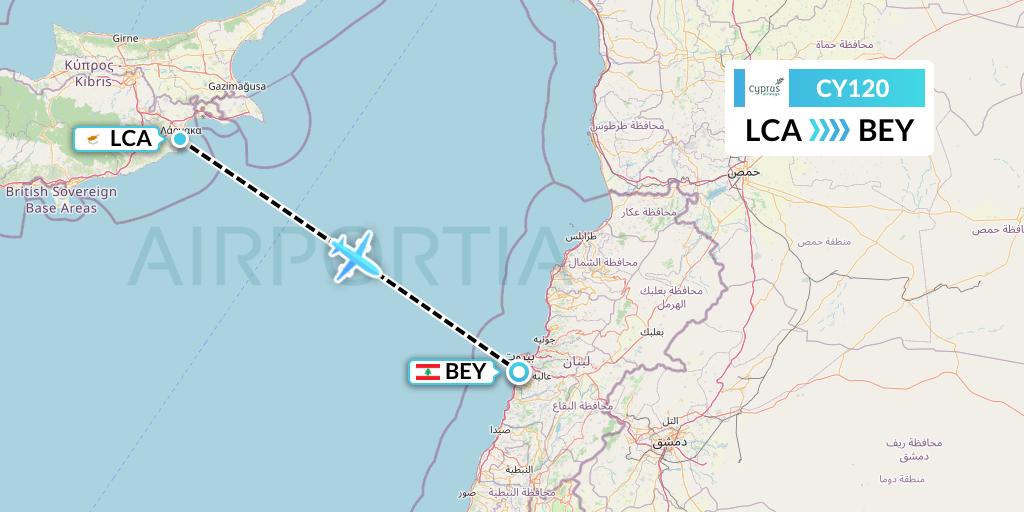 CY120 Cyprus Airways Flight Map: Larnaca to Beirut