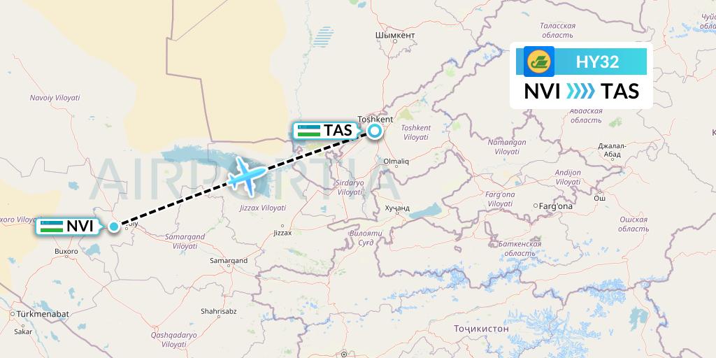 HY32 Uzbekistan Airways Flight Map: Navoiy to Tashkent