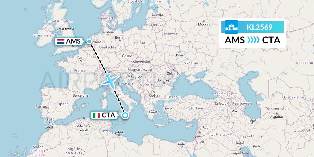 KL2569 KLM Flight Map: Amsterdam to Catania