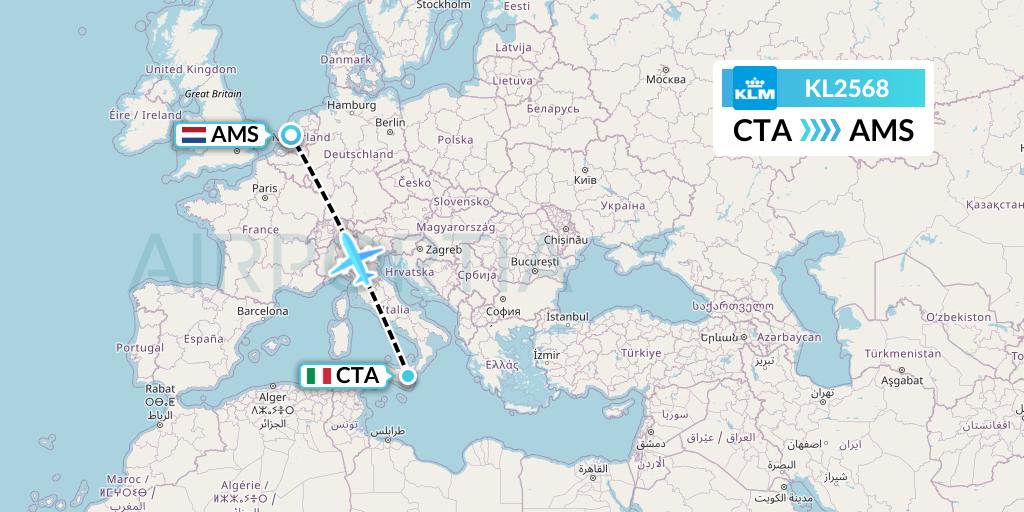 KL2568 KLM Flight Map: Catania to Amsterdam