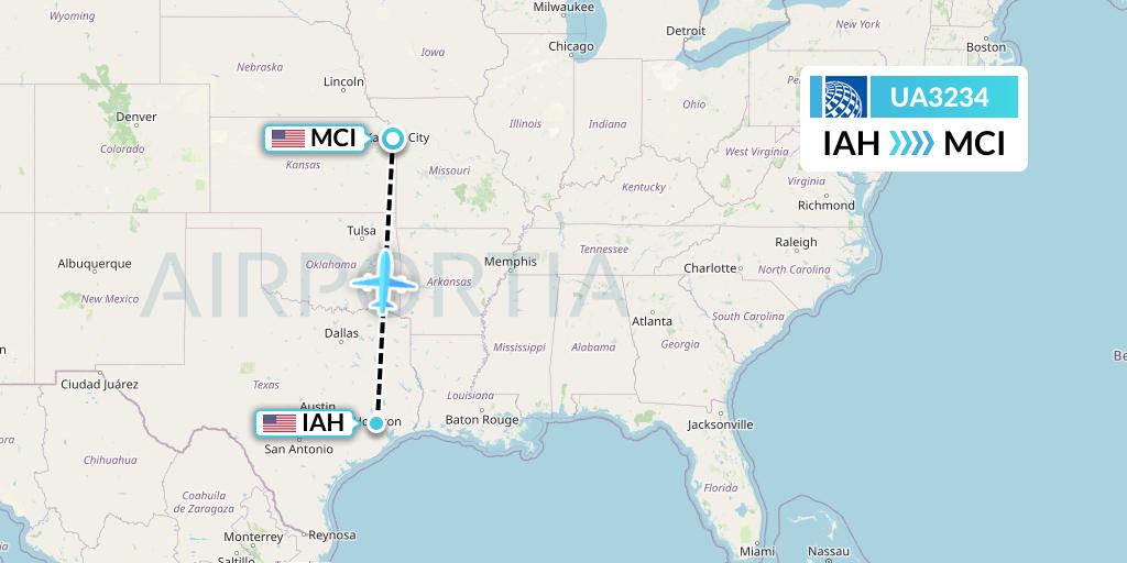 UA3234 United Airlines Flight Map: Houston to Kansas City
