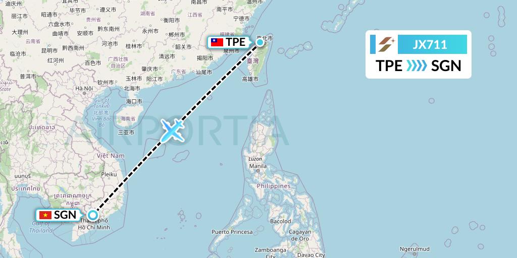 JX711 Starlux Airlines Flight Map: Taipei to Ho Chi Minh City