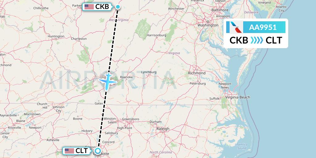 AA9951 American Airlines Flight Map: Clarksburg to Charlotte