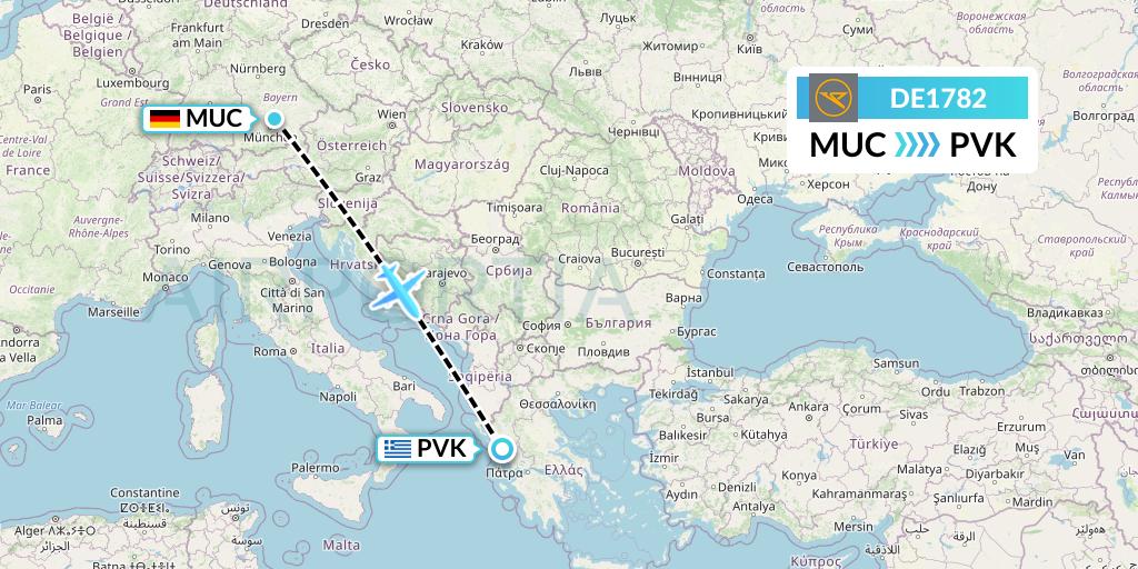 DE1782 Condor Flight Map: Munich to Preveza